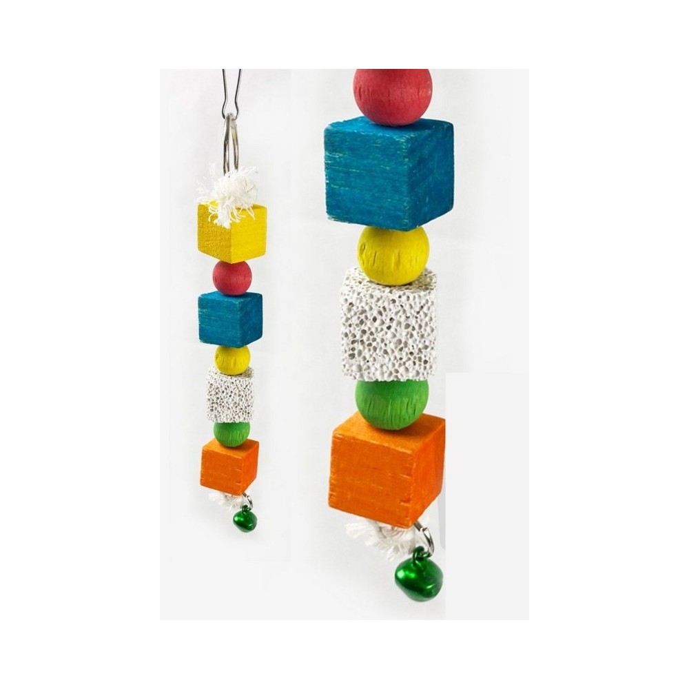 BRINQUEDO P/PASSAROS DE PENDURAR COM PEDRA DE CALCIO E BOLAS EM MADEIRA E SINO (3X3X21CM)