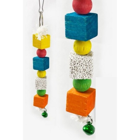 BRINQUEDO P/PASSAROS DE PENDURAR COM PEDRA DE CALCIO E BOLAS EM MADEIRA E SINO (3X3X21CM)