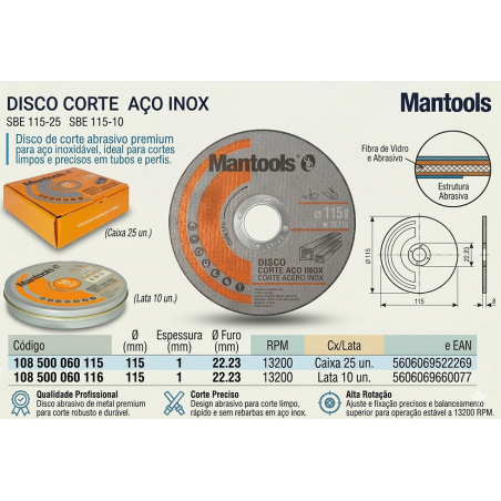 DISCO C/ AÇO INOX MANTOOLS (1)-115 MM